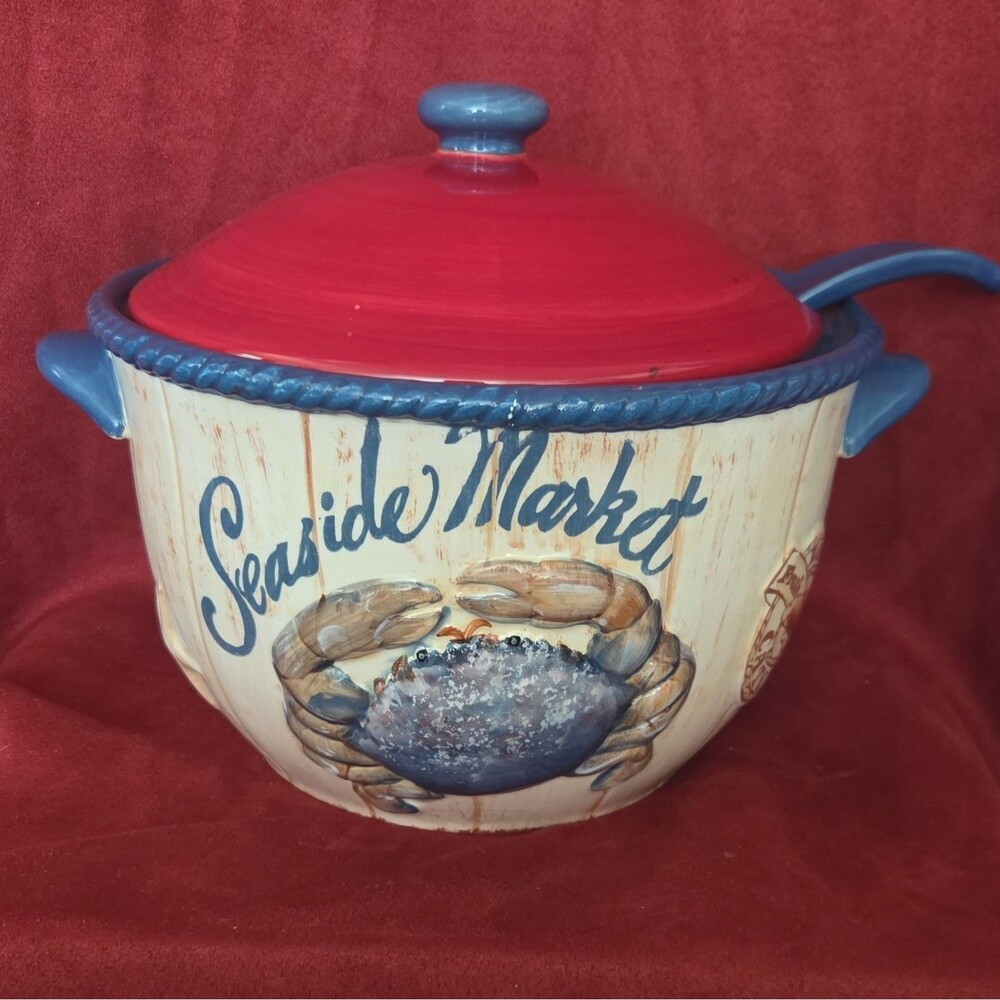 Certified International Seaside Market Crab Soup Tureen Lid & Ladle Ceramic